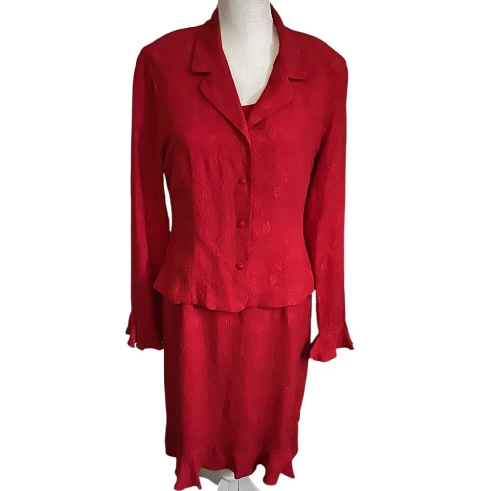 TESS 100% Silk Red Two-Piece Dress & Jacket Set Size 6